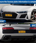 Fresh Dope Forged Carbon Fiber License Plate Frame Slick Real Carbon Tag Holder Cover For Your Ride With Tight Screw Caps Secure Two Hole Mount Rust Free And Weather Shield Lightweight Two Pack on white sports car front and back views.