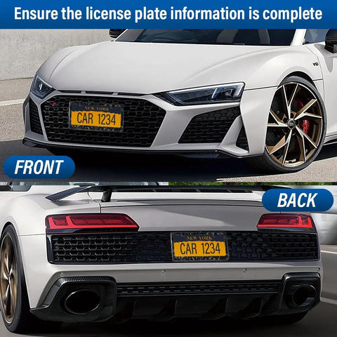 Fresh Dope Forged Carbon Fiber License Plate Frame Slick Real Carbon Tag Holder Cover For Your Ride With Tight Screw Caps Secure Two Hole Mount Rust Free And Weather Shield Lightweight Two Pack on white sports car front and back views.