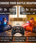 Rad 2 Pack RC Battle Tanks For Kids Aged 3 To 15, showing red and blue tanks in infrared combat with remote control in front