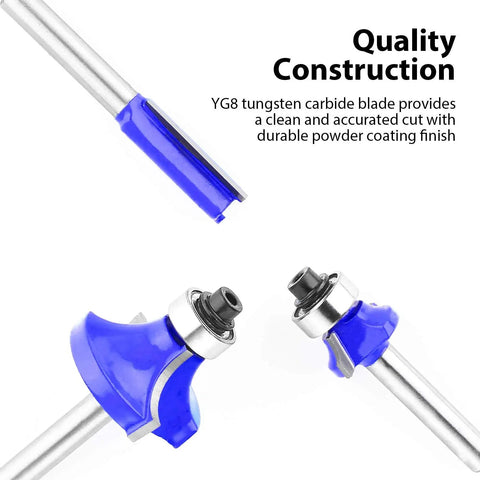 24 Piece 1/4 Inch Shank Router Bit Set With T Shape Bits For Pros And Beginners Heavy Duty Steel Body Anti Kickback Safety Ideal For Woodworking Projects And Commercial Shops, featuring close-up view of YG8 tungsten carbide blades with blue coating