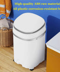 Compact Portable Washing Machine With Integrated Drying Bucket And Quick Drain Hose 3.8 Kilogram Capacity in white plastic, placed in a bright bathroom.