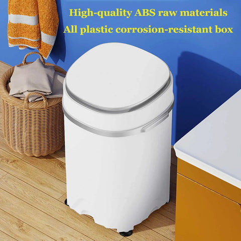 Compact Portable Washing Machine With Integrated Drying Bucket And Quick Drain Hose 3.8 Kilogram Capacity in white plastic, placed in a bright bathroom.