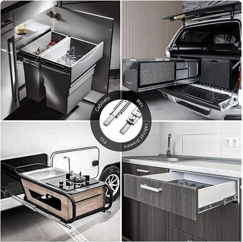 Heavy Duty Full Extension Ball Bearing Drawer Slides Zinc Plated Steel Cabinet Runners Built Tough For Zero Wobble And Rock Solid 260 Lb Load Rating in various setups.