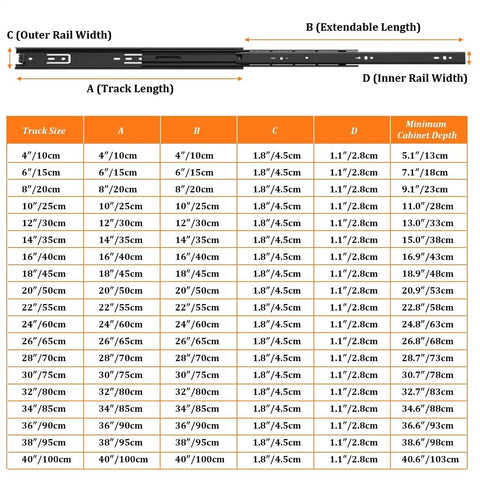 Diagram showing dimensions and sizes for Beefy Heavy Duty 100 Lbs Drawer Slides with 3 Section Full Extension and black side mount glides.