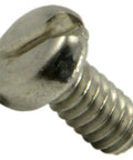 Real Deal Stainless Steel Slotted Pan Machine Screws Aught Zero By One Eighth Inch Fine Thread Fasteners, close-up view of a slotted screw.