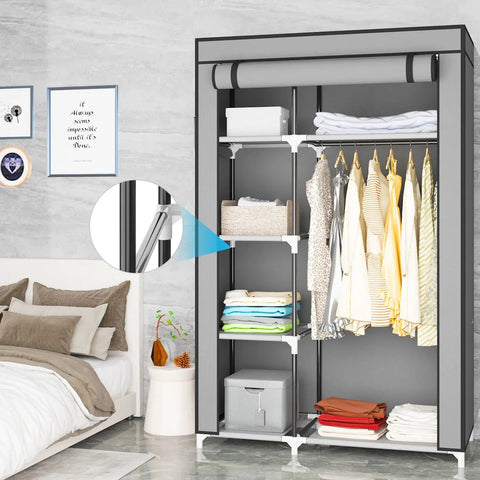 Portable Closet Wardrobe With Fabric Shelves And Dustproof Non Woven Fabric Cover in bedroom, clothes and towels organized.