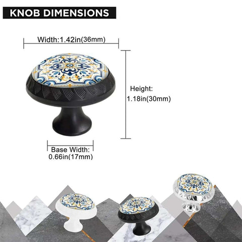 Six Pack Ornate Baroque Tile Drawer Knobs With Crystal Glass And Silver Base, black ABS base, knob dimensions, mosaic design.
