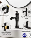 Oil Rubbed Bronze Waterfall Bathroom Faucet With Single Handle, 1 Or 3 Hole 4 Inch Install, showcasing spout and valve details