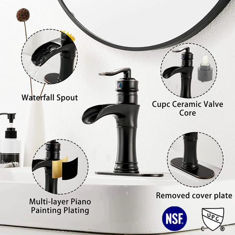 Oil Rubbed Bronze Waterfall Bathroom Faucet With Single Handle, 1 Or 3 Hole 4 Inch Install, showcasing spout and valve details