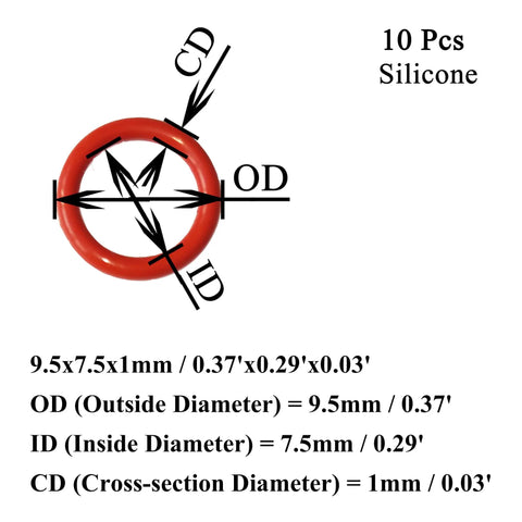 Red Silicone O Rings 9.5mm Outer Diameter 7.5mm Inner Diameter 1mm Cross Section VMQ Food Safe Sealing Gasket 10 Pack with dimensions.