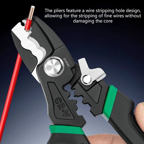 Kick Butt With This Badass 8 Inch Electrical Wire Tool Crimping And Stripping Made Tough High Grade Steel Compact Design showing precision stripping of fine wires.
