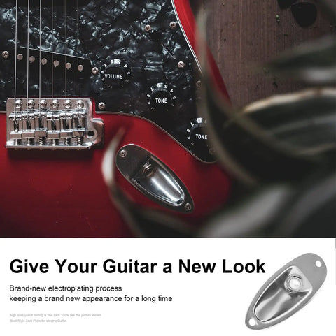Slick Chrome Boat Style Guitar Output Jack Plate For Mono Electric Tone With Tight Grip Mounting Screws Solid Build Dope Finish Fender Strat Ready Hassle Free Upgrade showcased on a red Strat guitar.