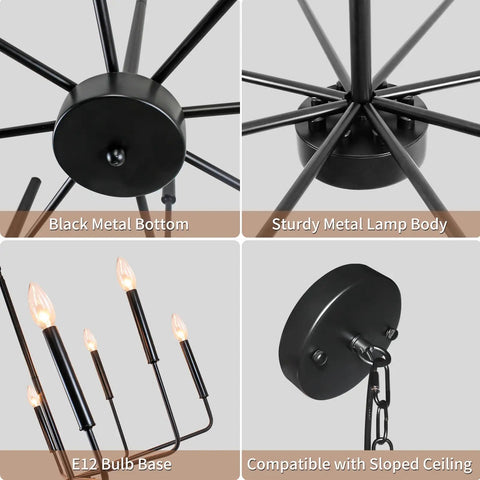 Features of Six Light Black Farmhouse Chandelier With Candlestick Arms For Dining Room, Living Room, Foyer And Kitchen