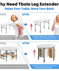 Image showing benefits of Heavy Duty Square Folding Table Leg Extenders With Three Level Adjustable Table Leg Risers in before and after scenarios.