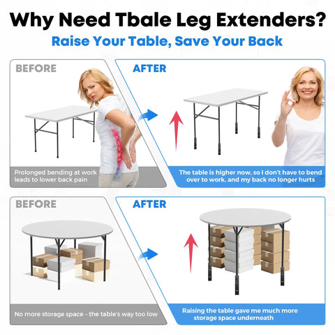 Image showing benefits of Heavy Duty Square Folding Table Leg Extenders With Three Level Adjustable Table Leg Risers in before and after scenarios.