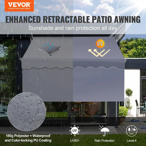 Manual Retractable Patio Awning 78 Inch Wide Sun Shade Curtain For Backyard Garden And Balcony Outdoor Canopy shown in rain and sun