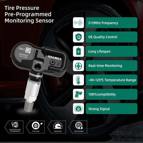TPMS Tire Pressure Monitor Sensor Four Pack Plug And Play Direct Fit Replacement For Toyota Lexus Scion Cars shown with specs