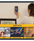 Woman using Wall Detector, Multifunctional Stud Finder Wall Scanner on a wall to locate hidden pipes and wires.