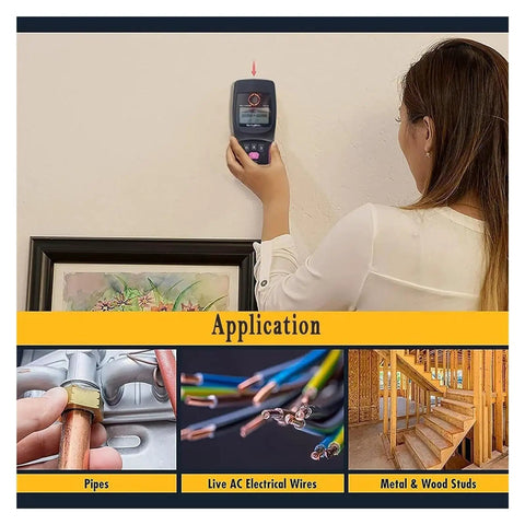 Woman using Wall Detector, Multifunctional Stud Finder Wall Scanner on a wall to locate hidden pipes and wires.