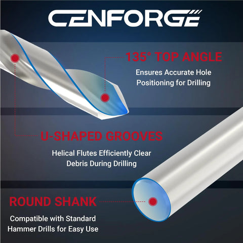 Illustration of metal drill bit with labeled features: 135° top angle, U-shaped grooves, round shank for M10x1.0 Helicoil Thread Repair Kit.