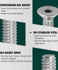 Quarter Twenty By One And A Half Inch Flat Countersunk Socket Cap Screws With Hex Drive, 304 Stainless Steel, close-up view