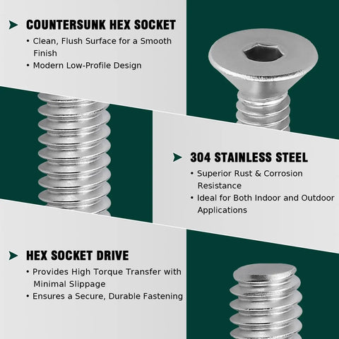 Quarter Twenty By One And A Half Inch Flat Countersunk Socket Cap Screws With Hex Drive, 304 Stainless Steel, close-up view