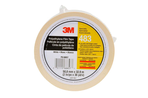 Polyethylene Conformable Tape 483, Single Roll, White, 2 in x 36 yd (5.0 mil) shown in packaging