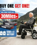Foldable electric wheelchair (front view) with dual 12Ah batteries, brown, all-terrain.