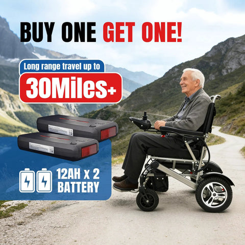 Foldable electric wheelchair (front view) with dual 12Ah batteries, brown, all-terrain.