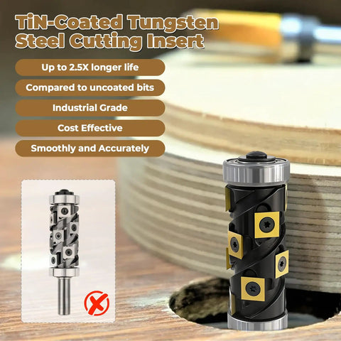 No Sweat 1/2 Inch Flush Trim Router Bit With Dual Top And Bottom Bearings showcased with TiN-Coated Tungsten Steel Cutting Insert.
