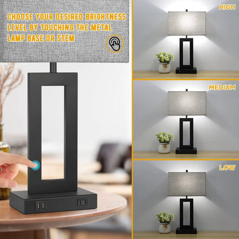 Set Of 2 Modern Touch Control Table Lamps With USB Ports For Nightstands, 22 Inch Large Bedside Lamps shown with dimmable feature.