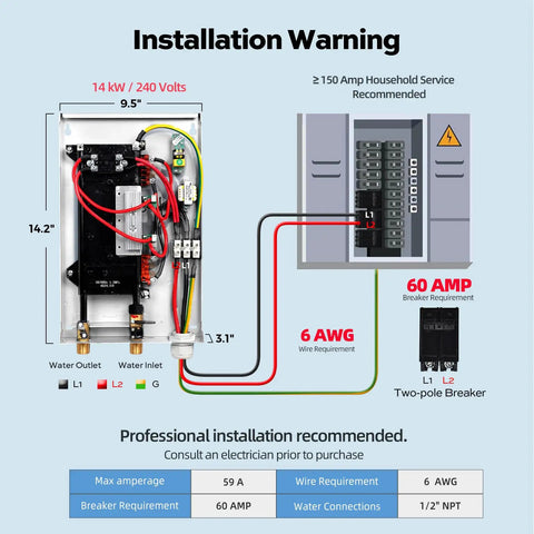 Installation diagram for Powerful 14kw Electric Tankless Water Heater Delivers 240v On Demand Instant Heat with wiring specifications.