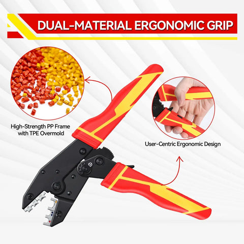 Ratcheting Wire Crimping Tool Set With Six Jaws For Heat Shrink Ferrule Ends Insulated Nylon And Non Insulated Terminals Open Barrel Terminals Solar Connectors Pro Grade Crimper Kit with red and yellow ergonomic grips