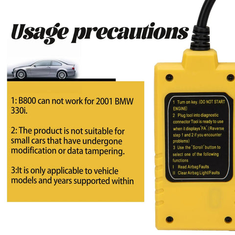 BMW B800 Airbag Scan And Reset Tool For 1994 To 2003 Models Including E36 E46 E34 E38 E39 Z3 Z4 X5 usage precautions guide