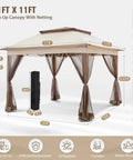 Pop Up Gazebo 11x11 Instant Canopy Tent With Mesh Netting shown with dimensions and features, including portability and UV resistance.