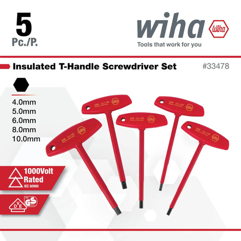 Insulated T-Handle Hex Key Set With Metric Sizes 4.0, 5.0, 6.0, 8.0, 10.0mm, 5-Piece Beefy Electrician-Grade Safety Tested To 10kV AC