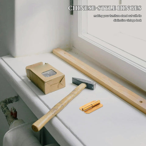 Brass Hinges For Wooden Boxes And Furniture Self Closing Cabinet Hardware Kit on window sill with hammer and wood