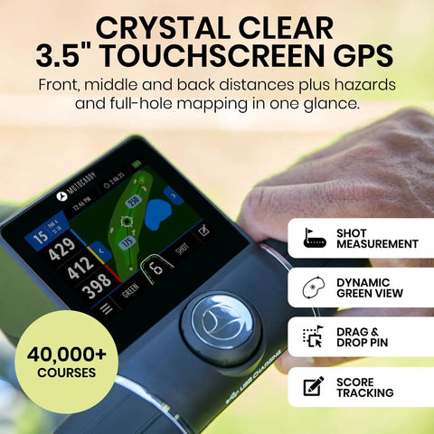 Top Shelf GPS Electric Golf Push Cart With Remote Control And Precise Yardage Tracking Across Forty Thousand Courses Featuring 2D And 3D Maps shot measurement display on 3.5" touchscreen.