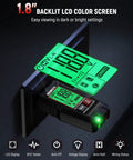 GFCI Outlet Tester with LCD display and Auto Hold in use, showing voltage reading on 120V AC home outlet, backlit display visible
