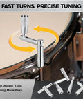 4 Piece Drum Key Set With Drill Bit For Instant Head Changes And Lightning Fast Tuning Speed Drum Keys displayed on snare drum