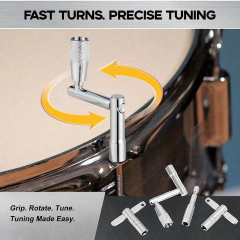 4 Piece Drum Key Set With Drill Bit For Instant Head Changes And Lightning Fast Tuning Speed Drum Keys displayed on snare drum