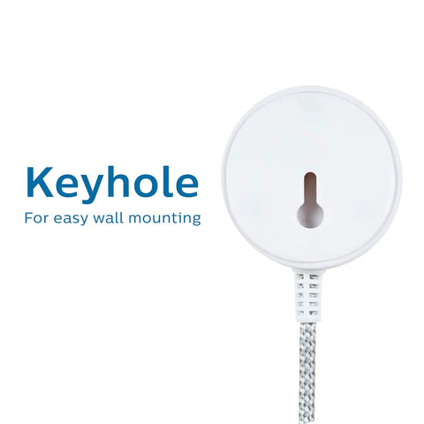Grounded Plug With Braided Cord, Six Foot Power Cable With On And Off Switch showing wall mount keyhole and cord detail.