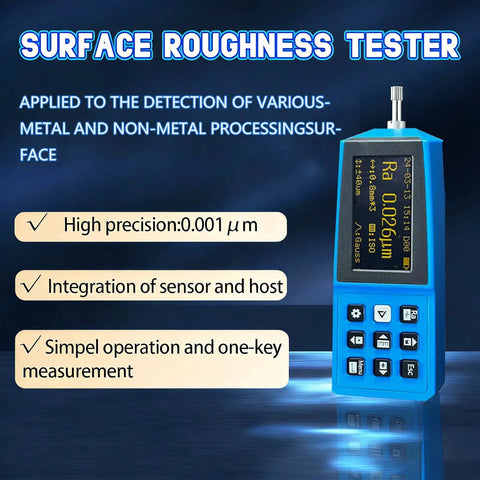 Pro Grade Surface Roughness Tester With Multi Parameter Profilometer For Metal Plastic Wood Finish Measurement Ra Rz Rq Rt Ry Rp Rv Rmax RSk RSm ISO ANSI DIN JIS Standards For Precise Surface Profiling In Industrial Apps., blue handheld surface roughness tester with display and probe