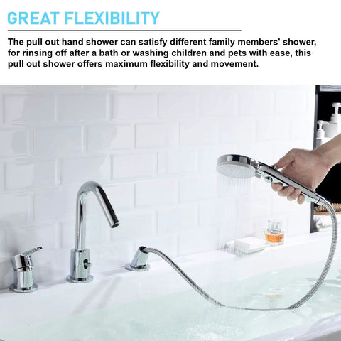 Roman Tub Faucet Set In Chrome With Handheld Shower And Diverter, Lead-Free Brass Body, cUPC Certified, Easy Upgrade For Modern Bathrooms, Durable ABS Sprayer, Smooth Water Flow