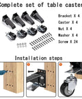 Heavy Duty Retractable Casters For Workbenches 4 Pack tools, brackets, and wheels with installation steps displayed.
