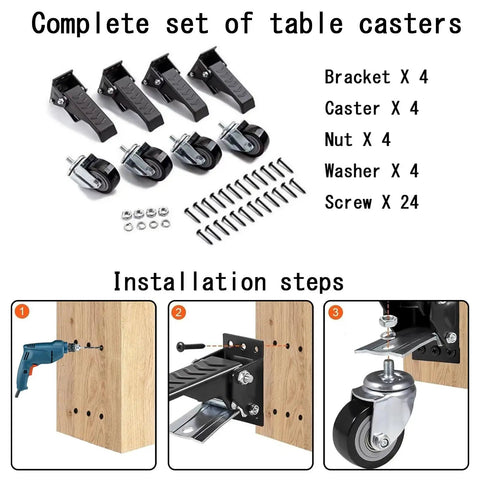 Heavy Duty Retractable Casters For Workbenches 4 Pack tools, brackets, and wheels with installation steps displayed.