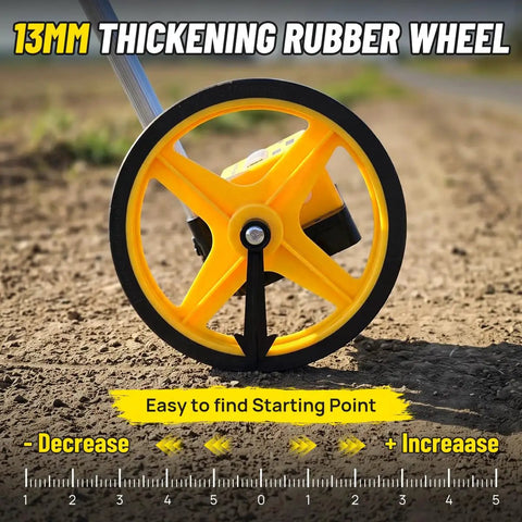 Zozen 6-Inch Measuring Wheel in Feet and Inches, Extended Telescopic Handle showing 13mm thick rubber wheel on ground.