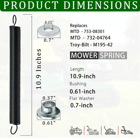 Beefed-Up Idler Spring Kit Replacement For MTD 732-04764 And 753-08301 with product dimensions and specifications shown.