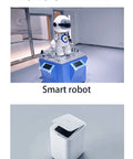 Smart robot on display and smart trash can for innovative applications in a modern indoor setting.