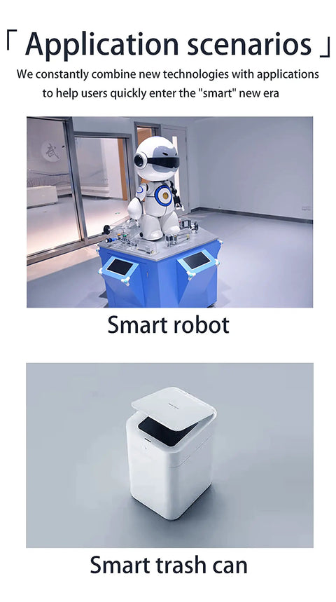Smart robot on display and smart trash can for innovative applications in a modern indoor setting.